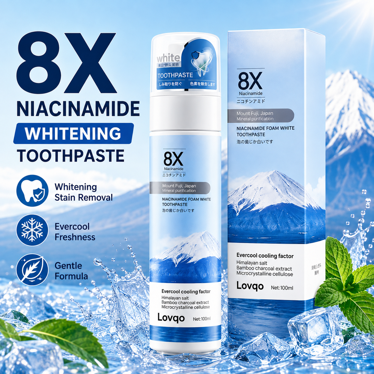 Niacinamide Foaming Whitening Toothpaste 8X - Fresh Breath Stain Removal Gentle Teeth Cleaning