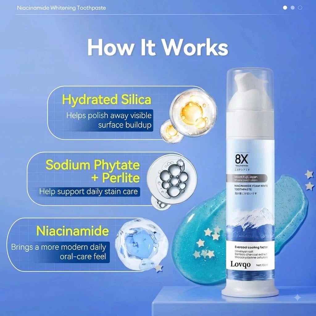 Niacinamide Foaming Whitening Toothpaste 8X - Fresh Breath Stain Removal Gentle Teeth Cleaning